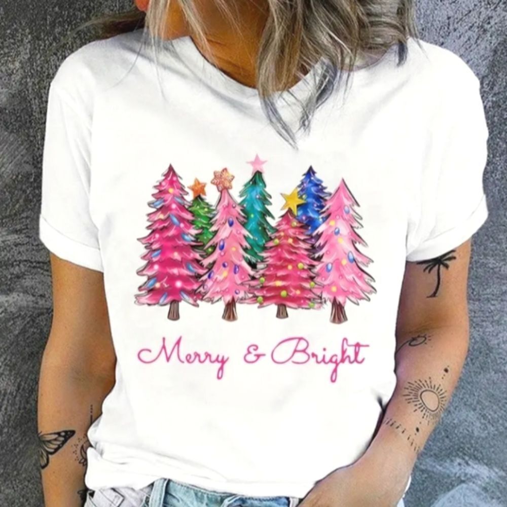 Ladies Super Festive Hoilday Pink And White Tee size XL